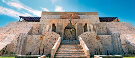View of the Mayan ruin style exterior of Vida Real Spa